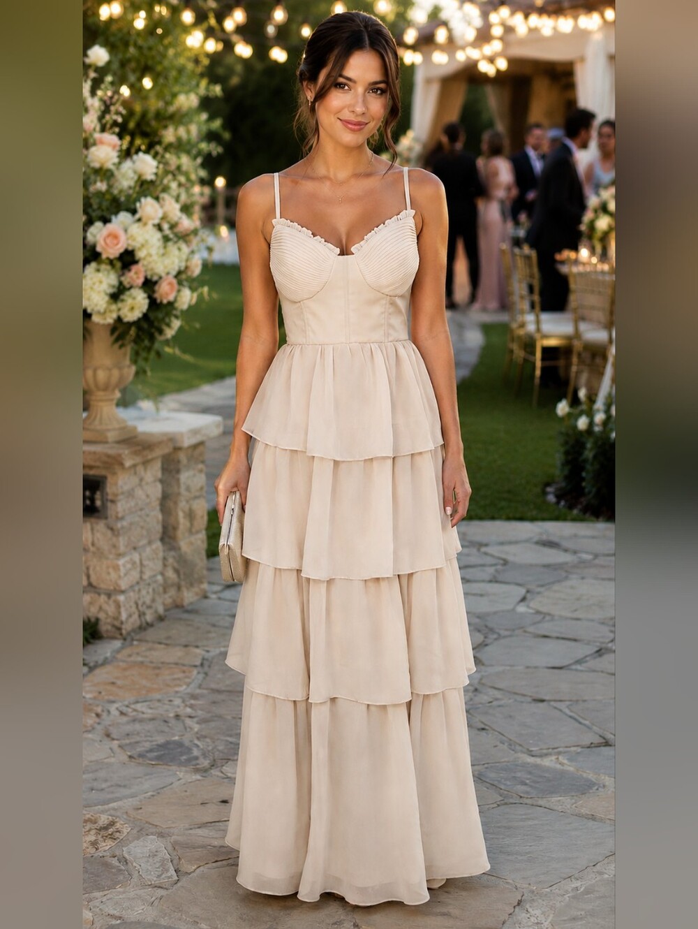 Birdy Grey Tiered Chiffon Maxi Dress Ruffle Bustier Bridesmaid Formal Cottagecor
